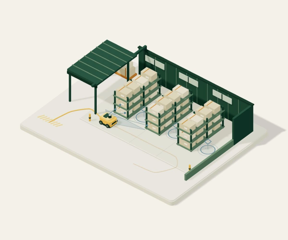 The same amber robot is inside a warehouse with repeated green shelving. Several hollow blue candidate-position rings appear in similar aisles; they are possible positions, not additional robots.