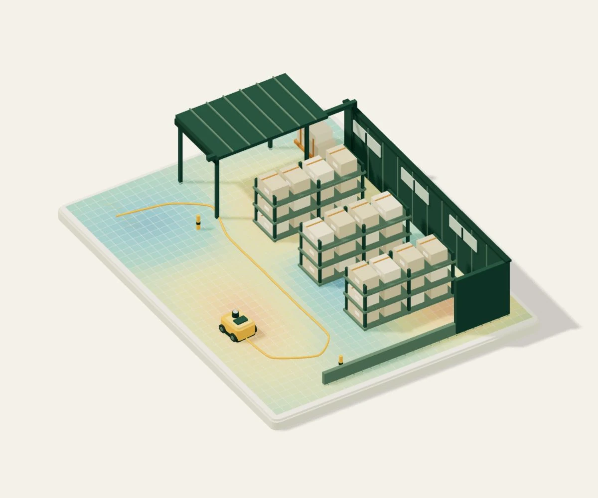 A blue, teal and warm-toned heatmap covers the warehouse floor, illustrating magnetic field features beneath the amber robot and its actual route.